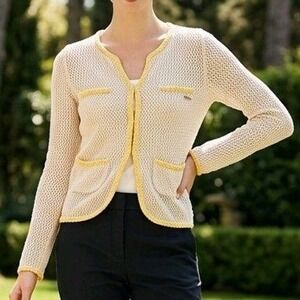 Burberry Blue Label Cream Crochet Cardigan Yellow Trim 38 S/M Lady Jacket Luxury